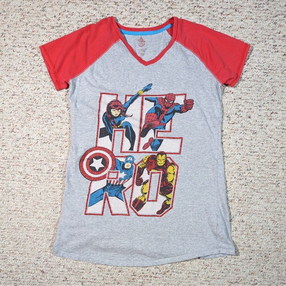 Disney Store Marvel HERO T-Shirt Womens M/L Gray/Red Glitter V Neck Short Sleeve